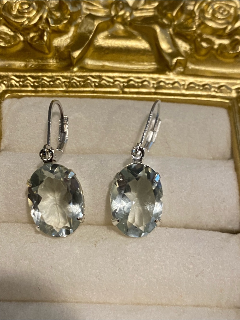 Silver Green Amethyst Oval Drop Earrings